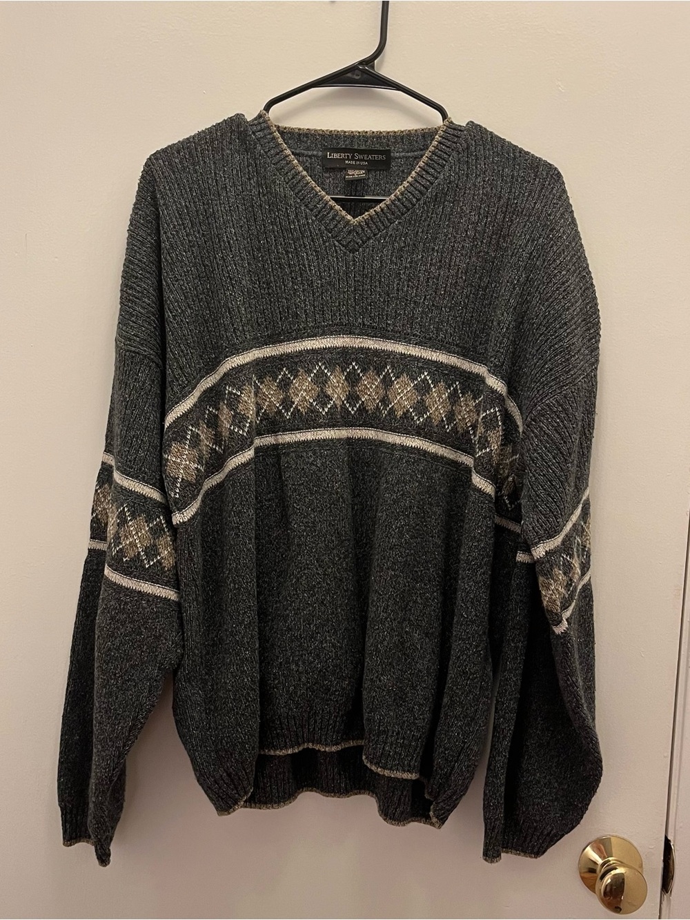 Vintage Liberty Sweaters Men's Charcoal V-Neck Argyle Trim Sweater